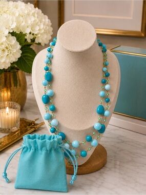 💙 Turquoise & Aqua Beaded Long Layered Statement Necklace